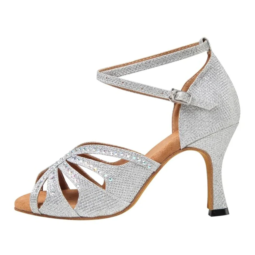 Women'S Latin Dance Shoes Silver Elegant Party Sandals Boots Female Women Rhinestone  Ballroom Dance Shoes Wedding Sandals