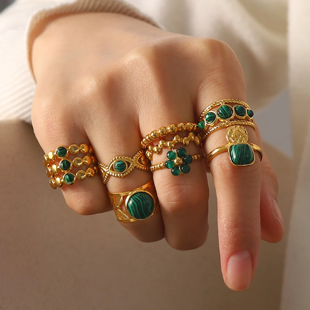 

Женское винтажное Открытое кольцо из Малахита, регулируемое кольцо из нержавеющей стали с покрытием из 18-каратного золота с натуральным зеленым цирконием, Подарочная бижутерия