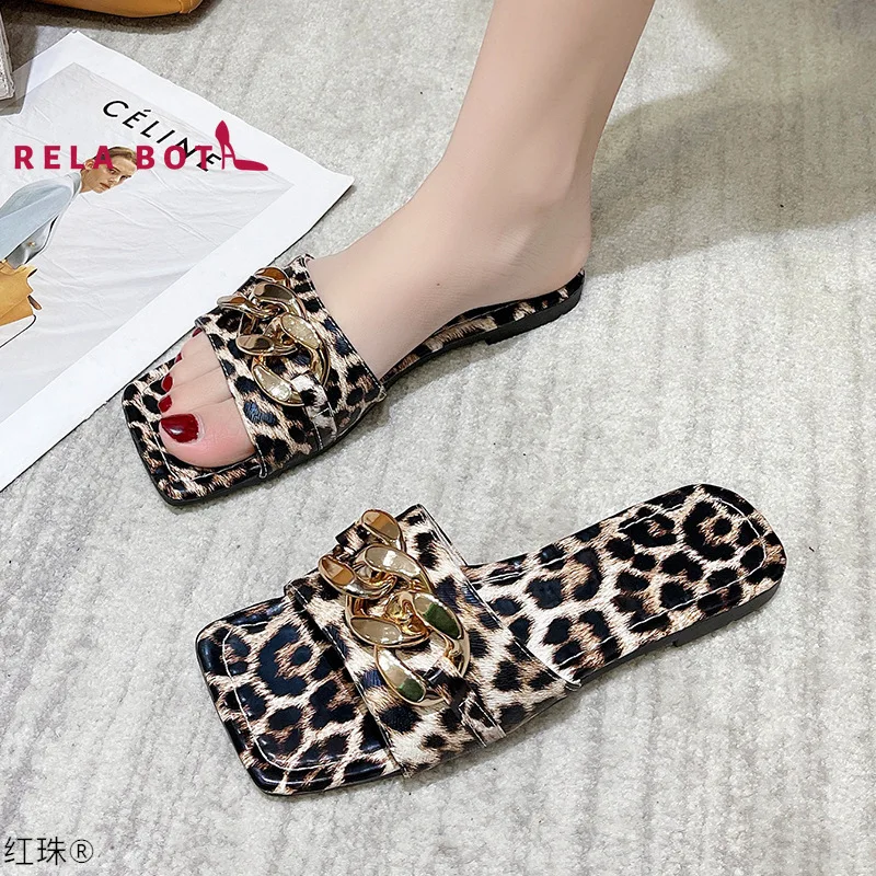 

New Casual Leopard Print Flat Slippers for Women for Summer 2022 Metal Buckle Imitation Leather Leisure Outside Modern Slippers