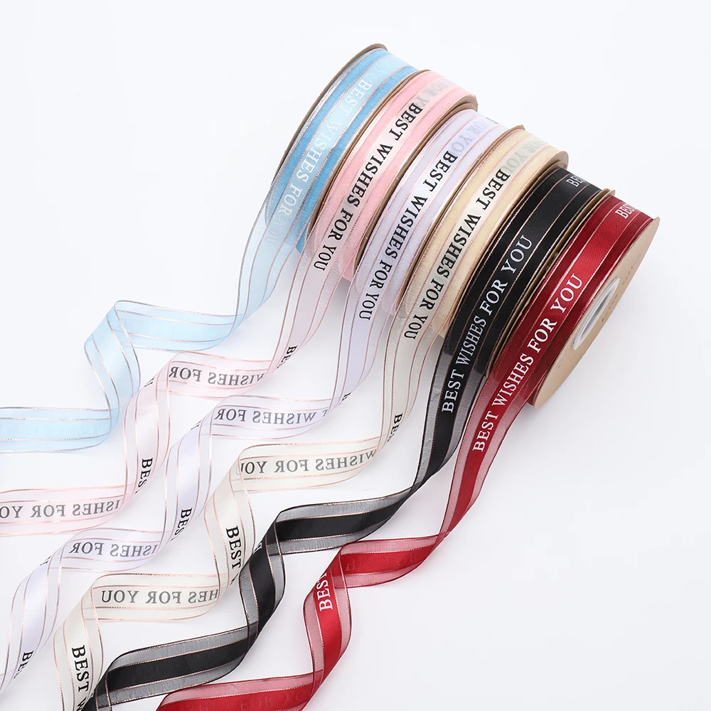 

2.5cm*45Yards/Roll BEST WISHES FOR YOU Hot Stamping Organza Gauze Ribbon Roll for Wedding Decorative Flower Gift Box Cake