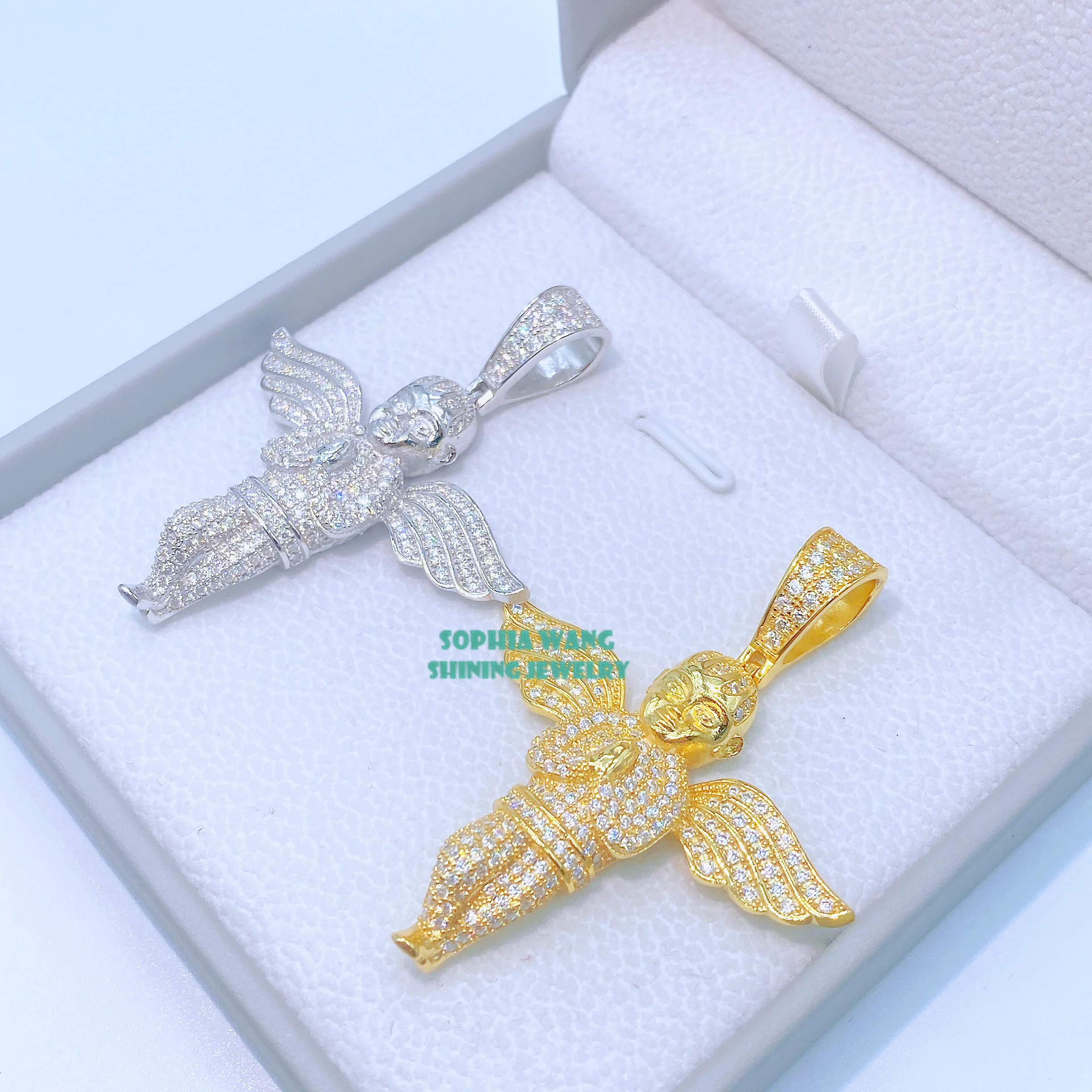 

Hip hop men jewelry angel wing pendant necklace 925 sterling silver iced out vvs moissanite diamond angel pendant