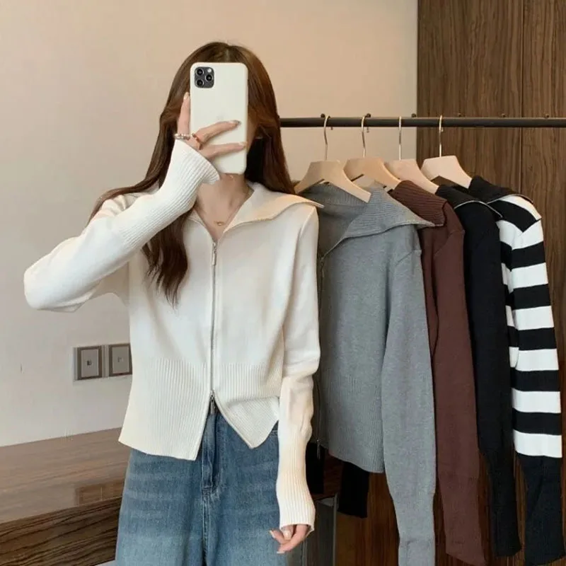 

Lucyever Fashion Double Zipper Knit Cardigan Woman Solid Casual Big Turndown Collar Sweater Women Y2K Streetwear Long Sleeve Top