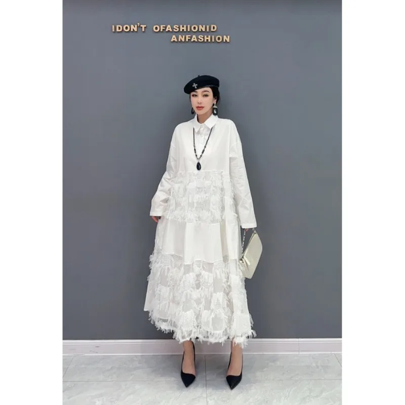 

Женское платье-рубашка с кисточками, элегантное платье с воротником-поло в стиле пэчворк, новинка 2023