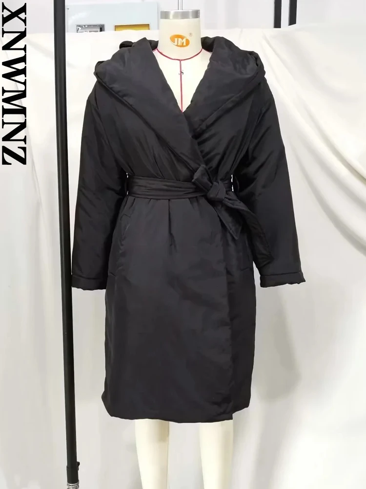 XNWMNZ Women Fashion Black Belt Thick Warm Hooded Padded Coat Vintage Long Sleeve Side Pockets Female Outerwear Chic Overcoat