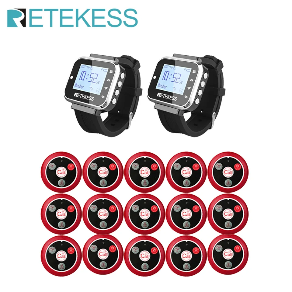 

RETEKESS Беспроводная система вызова официанта ресторан пейджер 2 TD110 часы приемник + T117 кнопка вызова обслуживание клиентов для кальяна