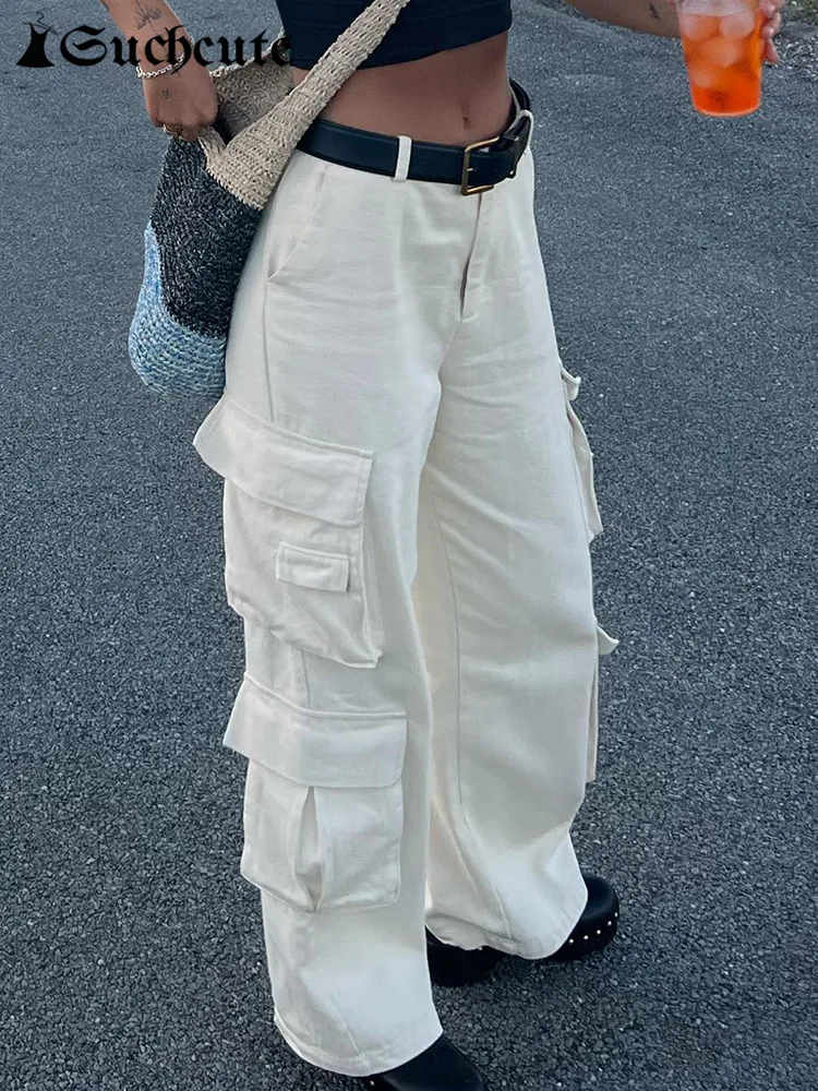 

SUCHCUTE Harajuku Solid Cargo Pants Women Vintage Oversize Low Rise White Trousers Streetwear Aesthetic Pockets Baggy Pant 2022