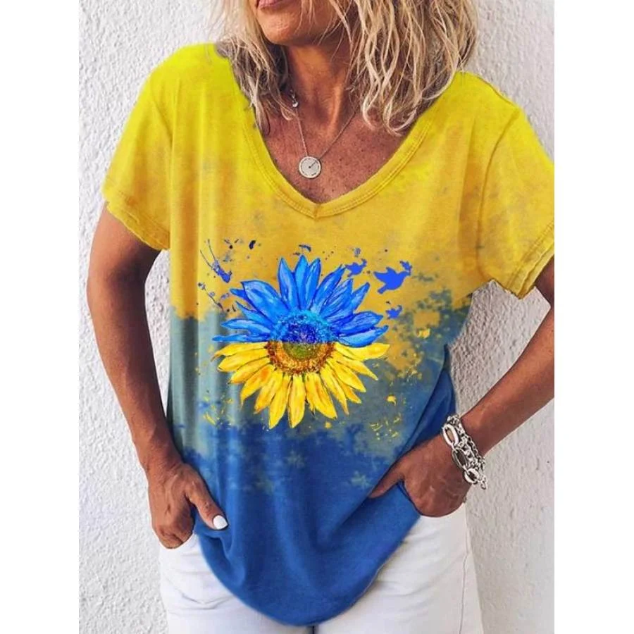 

Sunflower Pattern Women'S T-Shirt Oversized Short Sleeved 3D Abstract Colored Printing Women'S V-Neck Top Casual And Fashionable