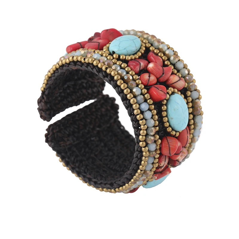 

Customized Bohemian Style Turquoise Copper Bead Braided Bracelet Retro Open Adjustable Crystal Jewelry Bangle Bracelet