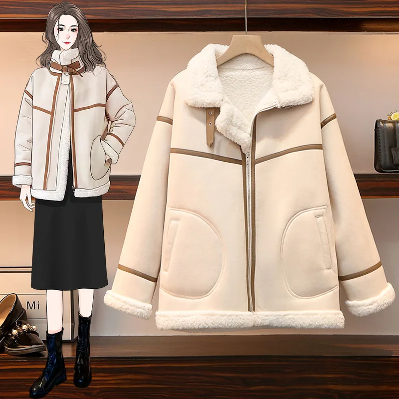 

Lamb Fur Coat for Women Winter 2021 New Korean Edition Warm Loose Thickened Motorcycle Suit Woman Parkas Outerwear & Coats