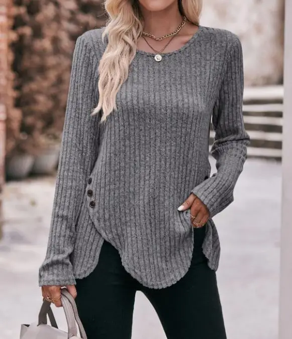 

Button Design Sweater Asymmetrical Side Autumn and Winter New Round Neck Long Sleeve Solid Color Fashion Ribbed Top for Woman