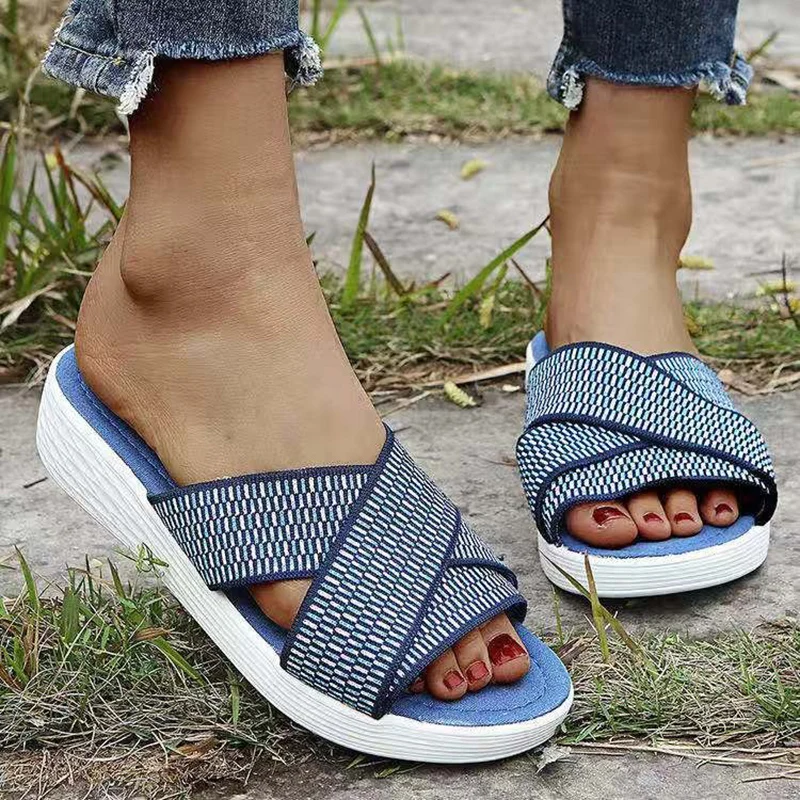 

Lucyever Plus Size 43 Knit Slippers Women 2022 Summer Open Toe Wedges Beach Flip Flops Woman Light Non Slip Casual Shoes Female