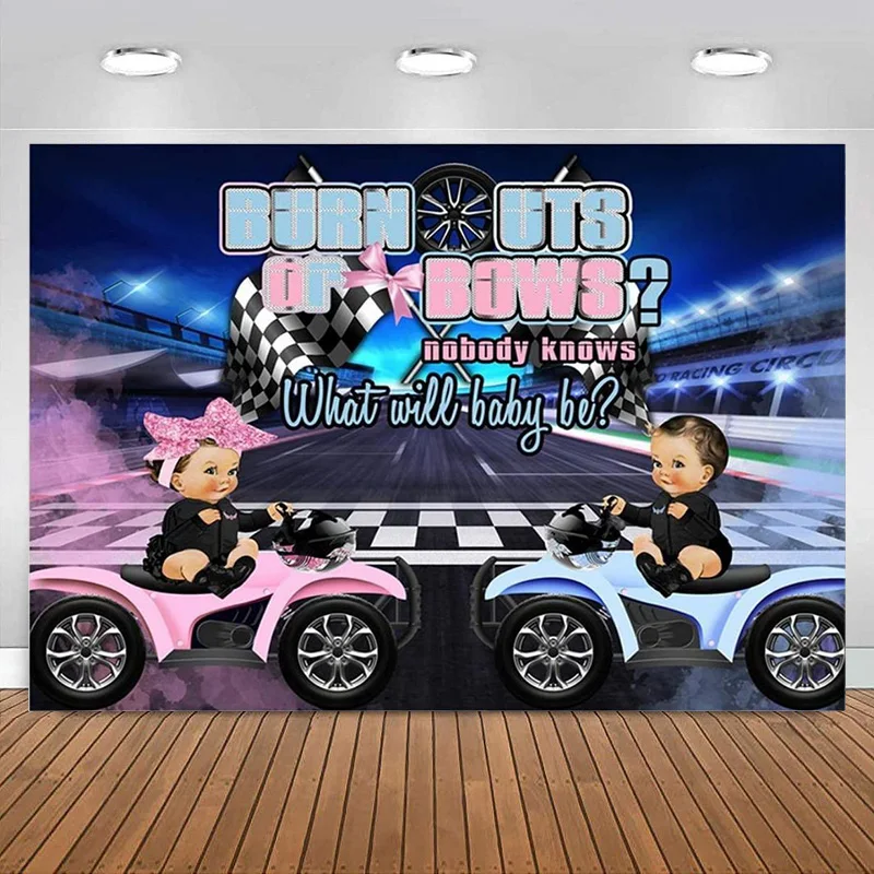 Gender Reveal Backdrop Boy or Girl Pink Blue Race Car Baby Shower Party Decorations Banner Motorcycle Photography Background