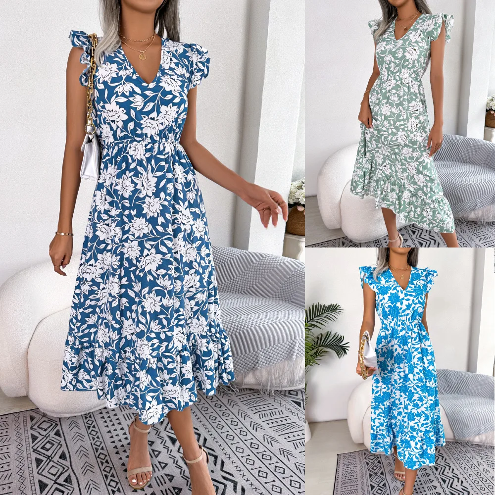 

Women Ear Edge Flower Waist Long Dress