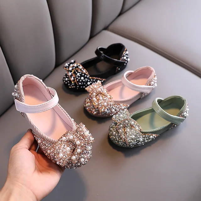 Little Baby Girl Pink Rhinestone Princess Party Shoes Children Pearl Bow Dancing Flats Toddler Girls Shining Performance Shoes 2