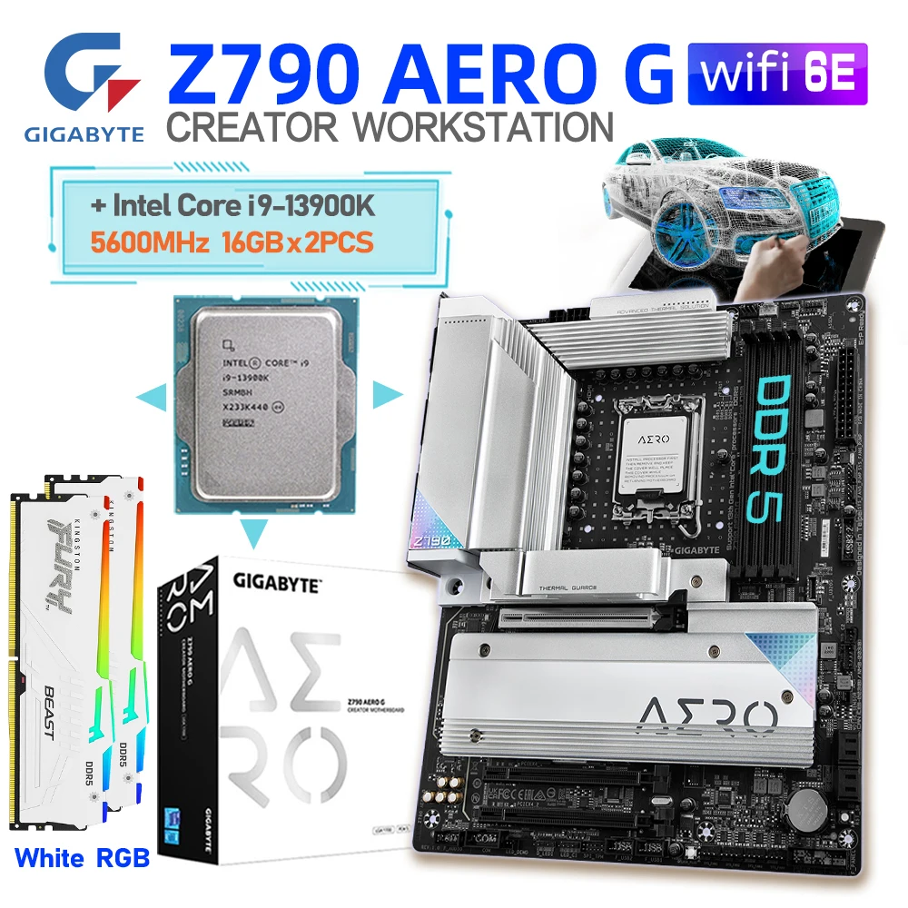 

Gigabyte Z790 AERO G DDR5 Motherboard Kit I9 13900K CPU Processor + Kingston D5 5600MHz 32G XMP RAMs RGB Mainboard WI-FI6E New
