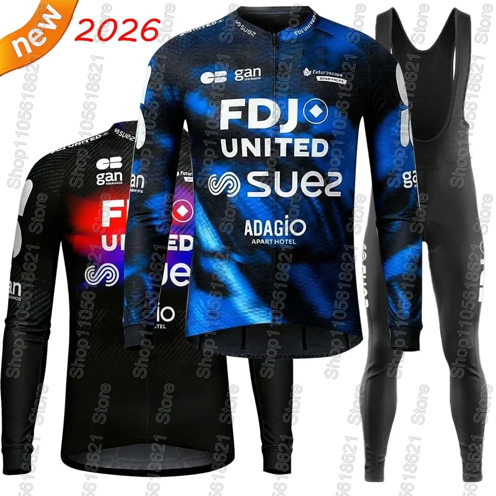 Фото Велосипедная форма FDJ United SUEZ 2026, комплект 2026, Франция, костюм с длинным рукавом, штаны для горного и шоссейного велосипеда, велоодежда. №1