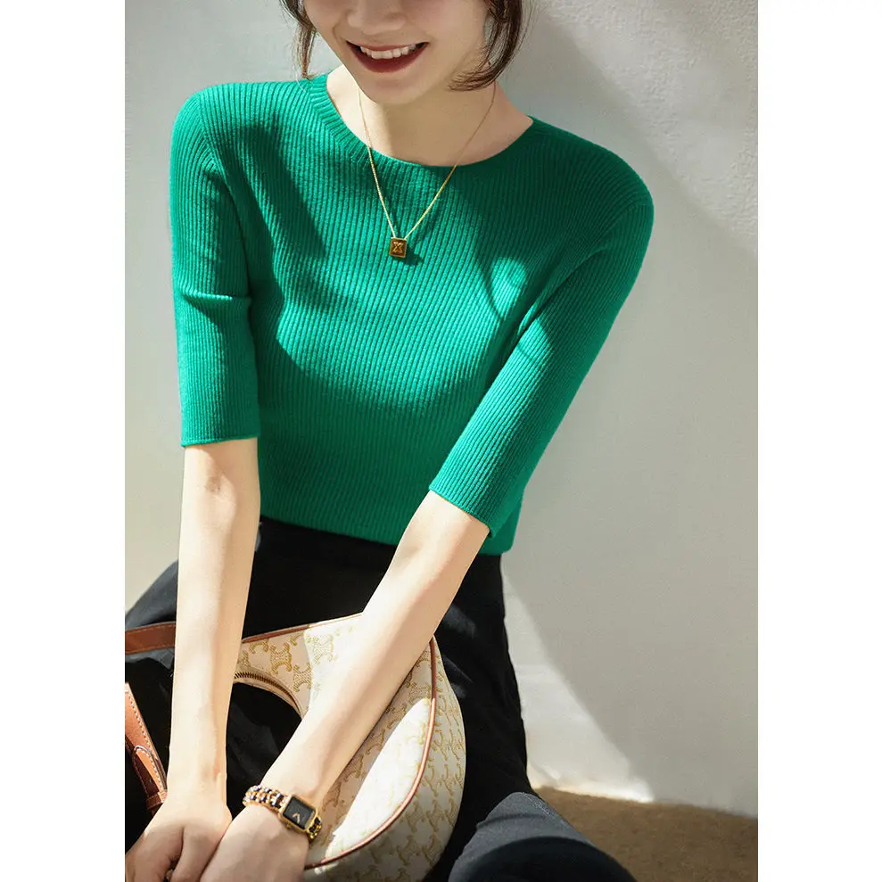 Женская Летняя трикотажная футболка из вискозы с круглым вырезом тонкий свитер