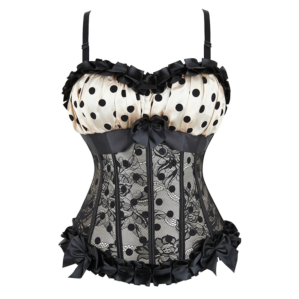 

Side Zip Closure Overlay Lace Up Boned Corsets Ruffled Top Polka Dot Corset Bustier Overbust