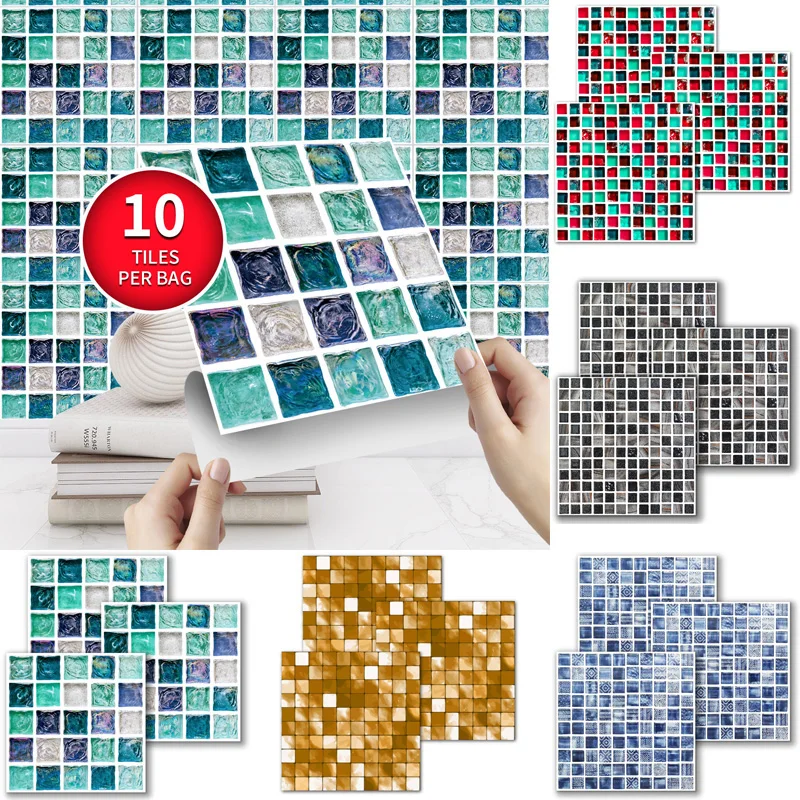 

10 Pieces Fashion Mosaic Self-Adhesive Wall Sticker Waterproof Removable Home Decor Kitchen Tile Stickers Bedroom Floor Stickers