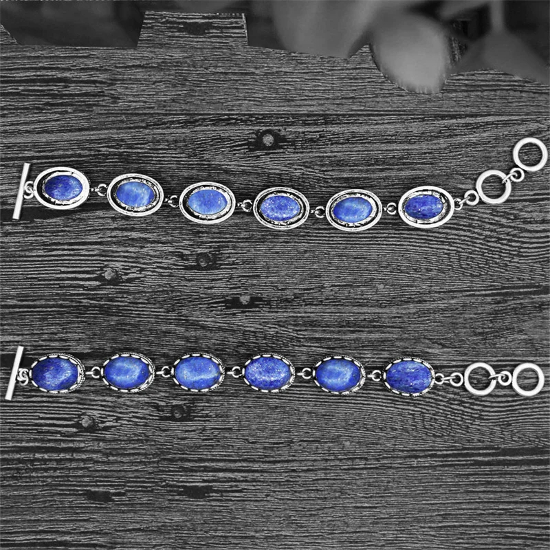 Фото Natural Oval Lapis Lazuli Bracelet For Women Vintage Antique Silver Plated Flower Pendant Fashion Jewelry Party Gift TB276 №2