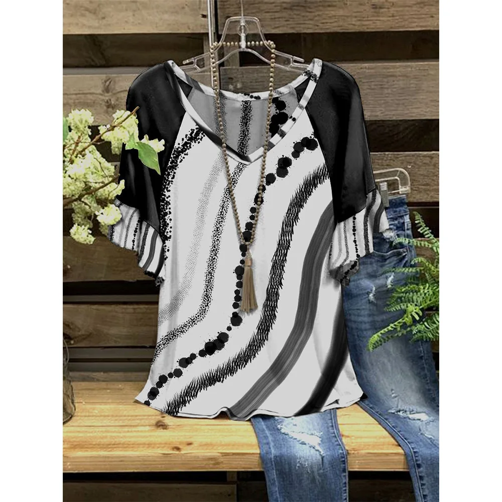 

New Female Black And White T-shirts Ink Traces Fashion Clothes V-neck Patchwork Sleeve Women's Tops