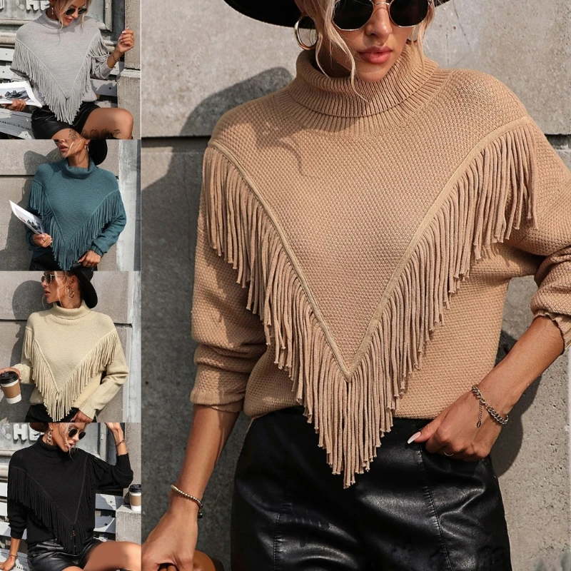 

High Neck Sweater Womens Tassels Tops Solid Color Long Sleeve Bottoming Sweater Dropship