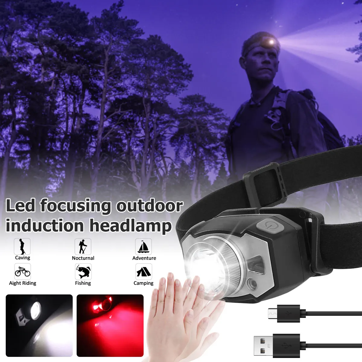 

Светодиодный налобный фонарь с датчиком движения, 5 режимов освещения, 1200 мАч