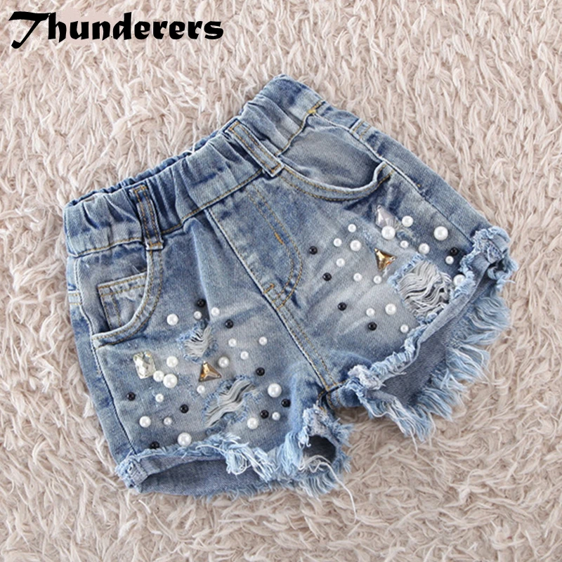 

Summer Girl Pearls Jeans 2018 Ripped Denim Short Pants s Kids Trousers Children Clothes Casual Toddler Pants 24M-6Y