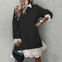 women plus size long sleeve dress fashion vintage elegant new 2021 spring shirt collar lace patchwork knitwear leisure