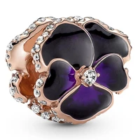 authentic 925 sterling silver moments rose gold deep purple pansy flower charm bead fit pandora bracelet necklace jewelry