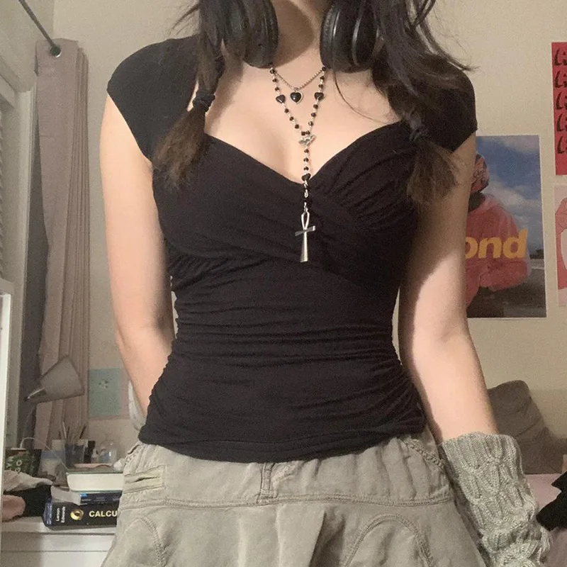 

Dourbesty 2000s Square Collar Crop Tops Women Y2K Grunge Tees Korean Retro Cross Folds Tees Short Sleeve Slim Tanks Clothes