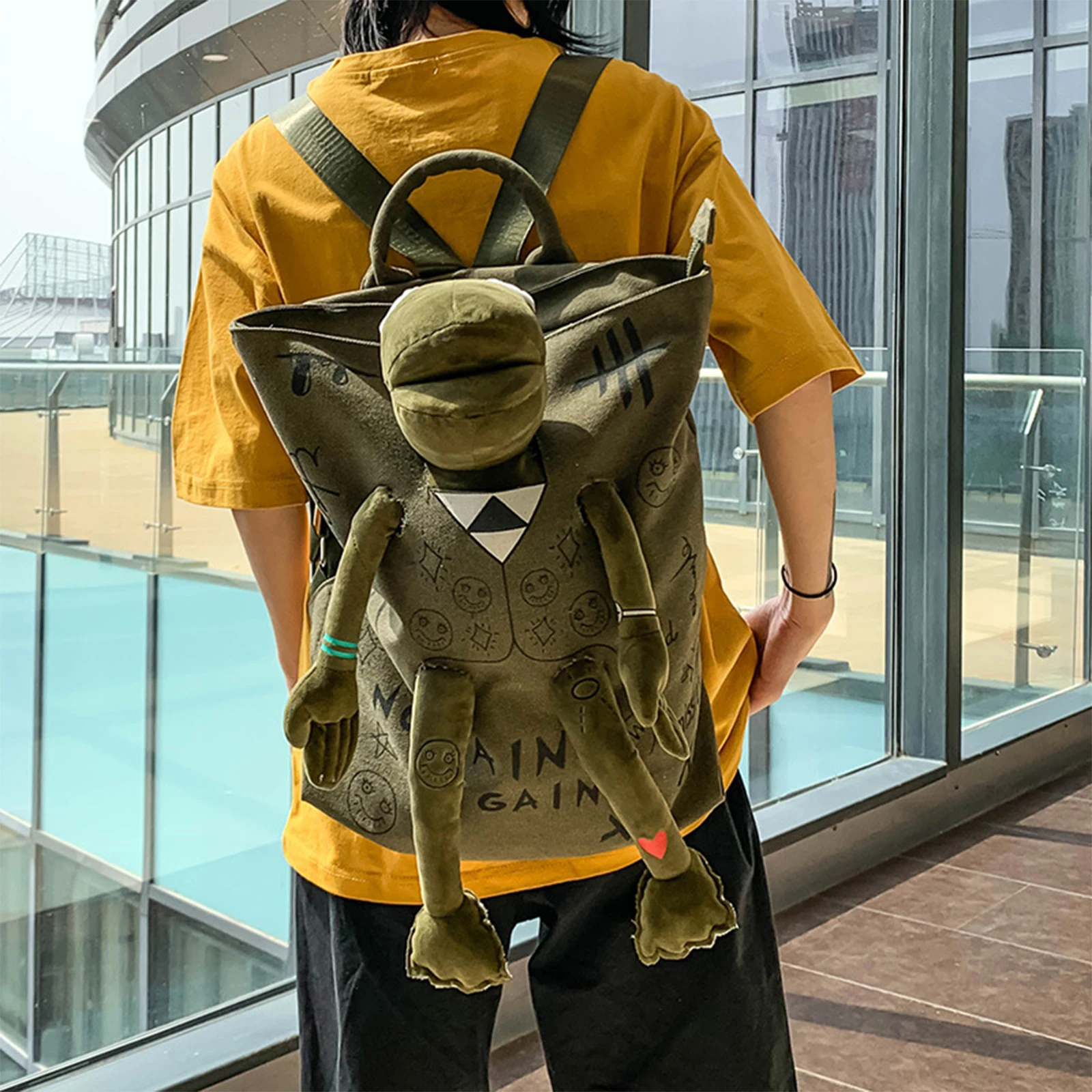 

Men'S and Women'S Rucksack Graffiti Print Cute Fashion 3D Frog Adjustable Wide Strap School Bag Green Backpack