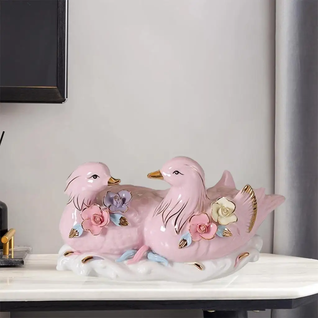 

Pink Glaze Mandarin Duck Statue Figurine Lucky Feng Shui Good Fortune Sculpture Home Living Room Shelf Table Bookcase Ornament