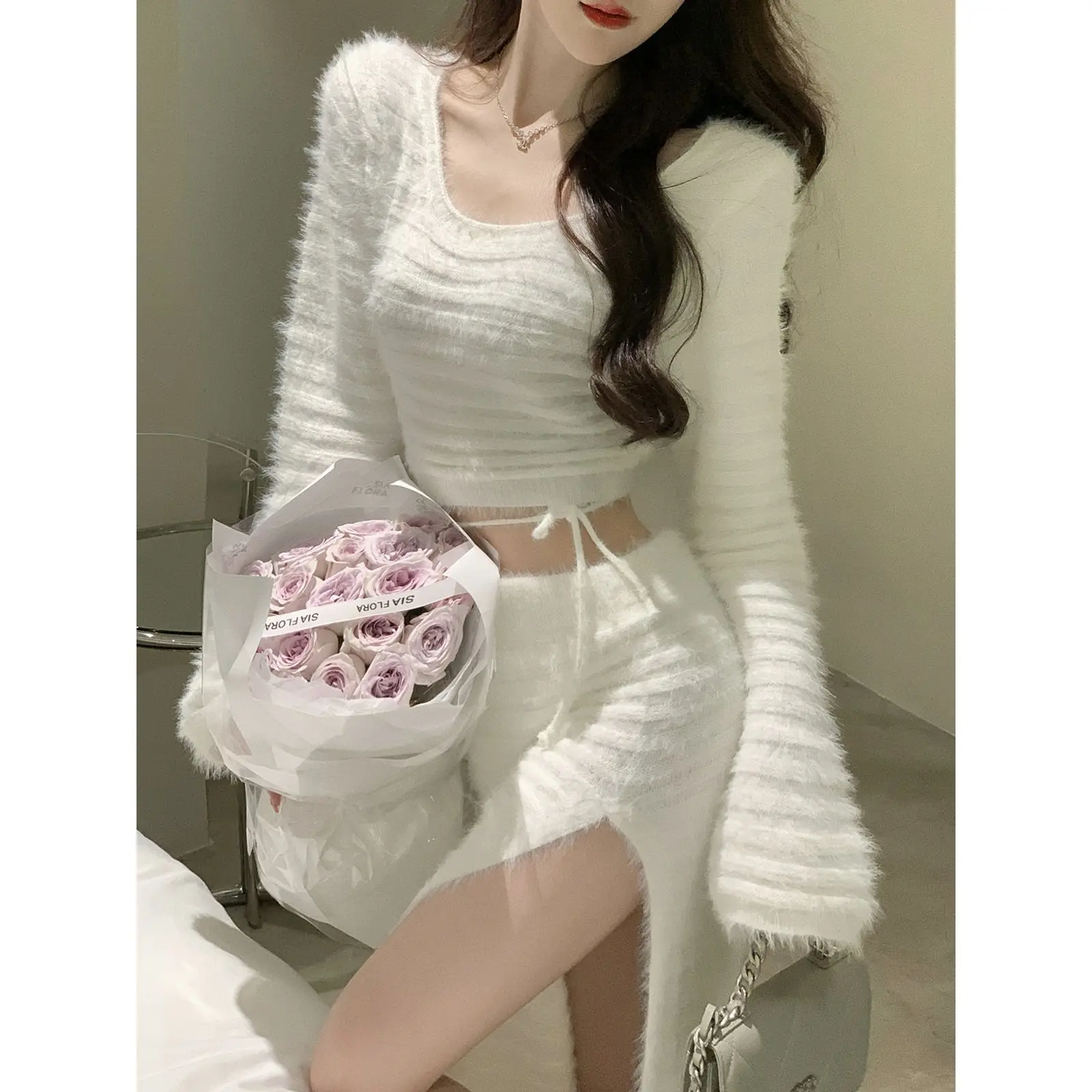 

Round Neck Off Shoulder Long Sleeve Knitted Top Split Half Skirt Two Piece Set 2022 Autumn New Sexy Wrap Hip Dress Set Women