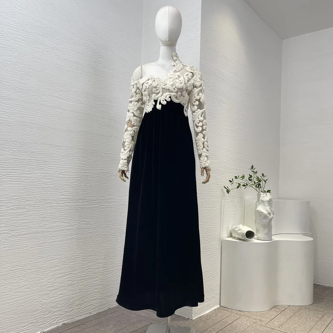 

New 2023 Latest High Quality Vintage Luxury Lace Patchwork Shoulder Cut Out Full Sleeve Women Black Midi Dress for Holiday