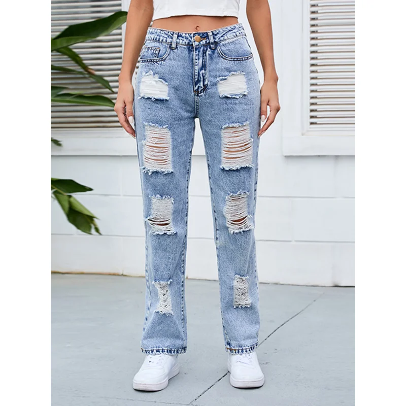 2023 European and American women's jeans denim washed and polished white mid-waist ripped straight hole ruined temperament