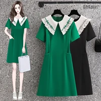 ehqaxin 2022 summer new ladies dress fashion korean version doll collar loose a line short sleeve dress women with pockets m 4xl