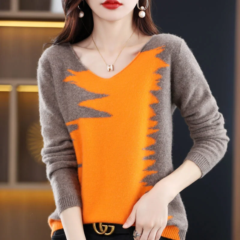 

Fashion V-Neck Spliced Loose Knitted Sweaters Women's Clothing 2022 Autumn New Loose Casual Pullover Tops Office Lady Sweater