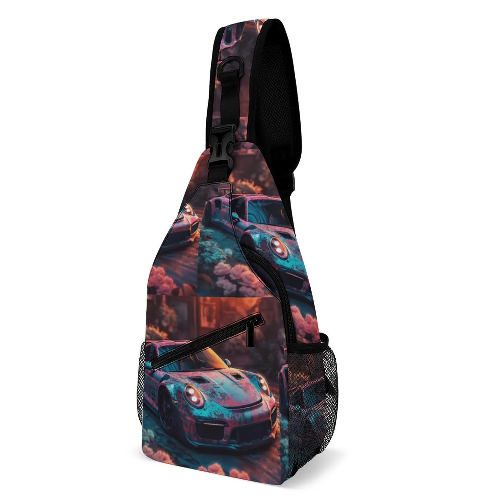 

Classic Sports Car Chest Bags Men Neon Colorful Painting Bicycle Shoulder Bag Retro Print Small Bag School Running Sling Bags