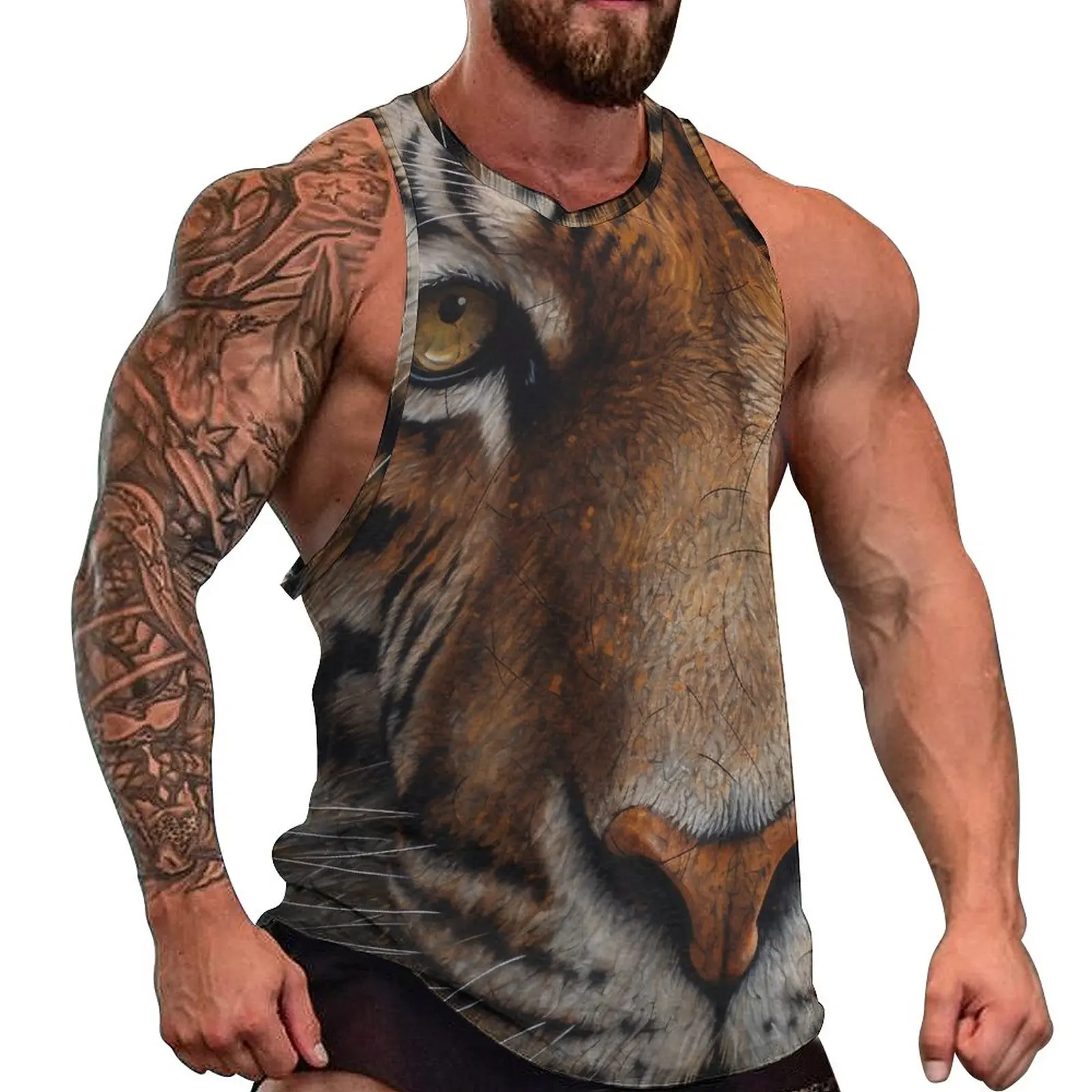 

Tiger Tank Top Man's Eye Close-up Animal Eyes Workout Oversize Tops Summer Sportswear Design Sleeveless Vests