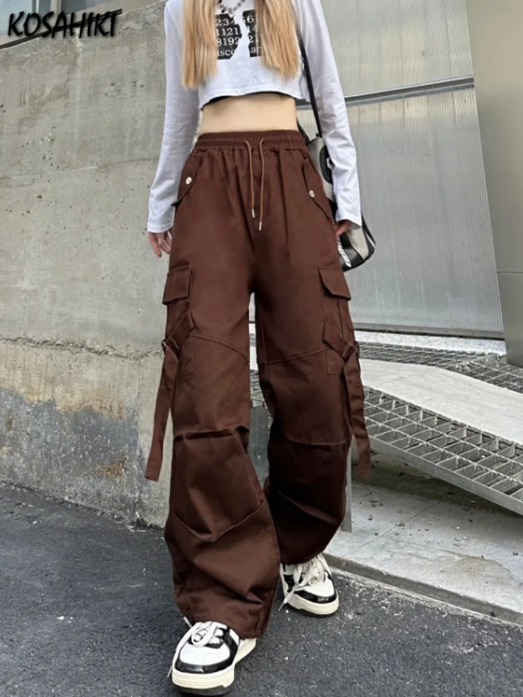 

Женские винтажные брюки в стиле Харадзюку, свободные прямые брюки в стиле хип-хоп с широкими штанинами, повседневные Модные брюки-карго, весна 2023