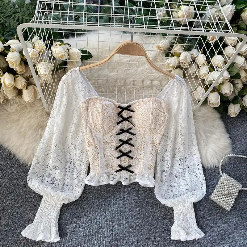 

Autumn Short Lace Design Sense Niche Bubble Sleeve Hundred with Thin Spicy Girls Sexy Blouse