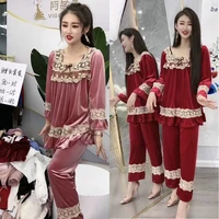 2022 autumn and winter new fashion comfortable pajamas women loose korean version square collar stitching lace homewear suit