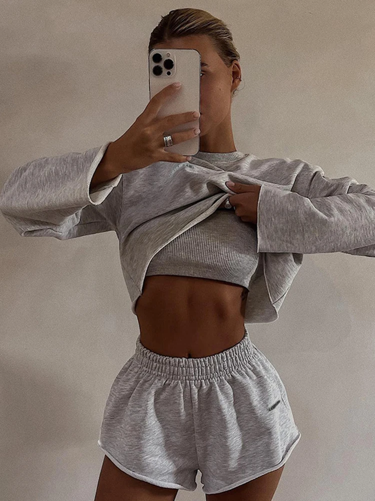 

Kalevest Y2K Tracksuit Three Piece Set Casual Crop Tops and Track Short Pants Grey Korean Fashion Versatile Women's Sports Suit
