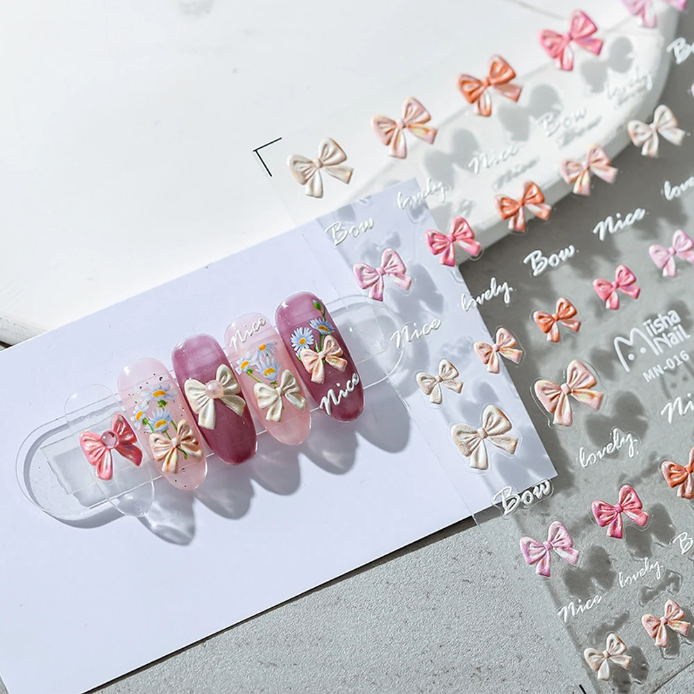 

Colorful Series 5D Embossed Nail Art Stickers Kawaii Bow Tie Pattern Design UltraThin Sliders Manicure Decal Press on Nails Tips