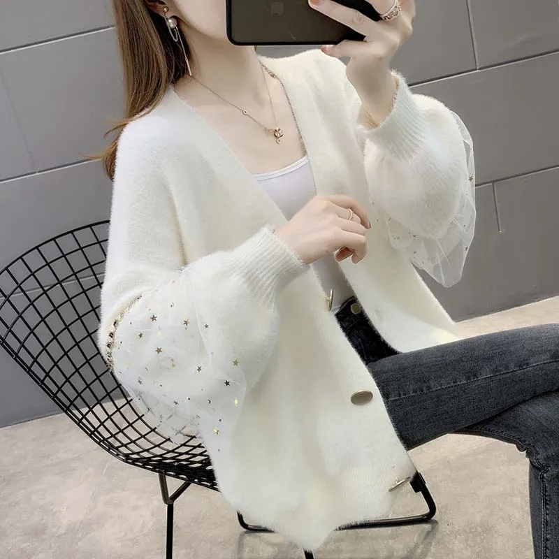 

Женский вязаный кардиган, свитер, осень/зима, кружевной норковый кашемировый свитер, пальто, женская короткая верхняя одежда, свободный одн...