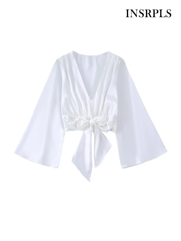 

INSRPLS Women Fashion Front Bow Tied Satin Cropped Blouses Vintage Wide Long Sleeves Side Zipper Female Shirts Blusas Chic Tops