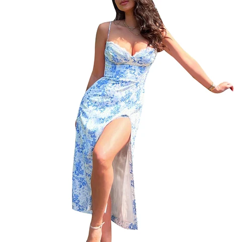 Женское длинное платье с высоким разрезом, летнее пляжное платье макси на бретелях-спагетти с открытой спиной и цветочным принтом Y2k