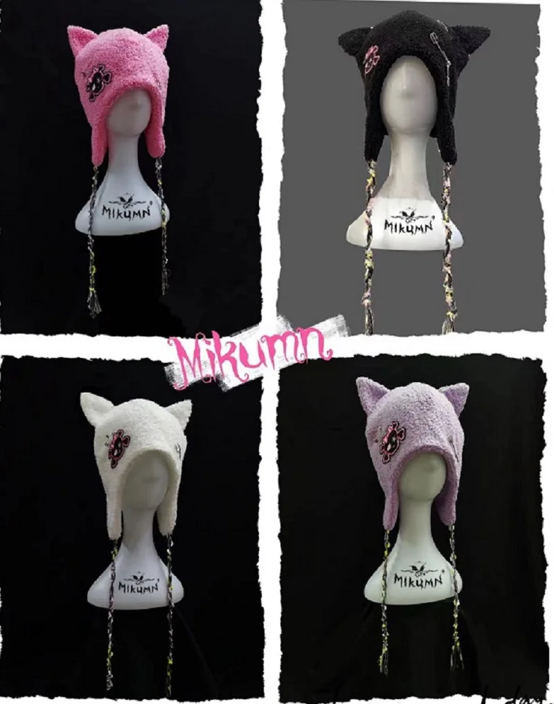Mikumn Japanese Harajuku Kawaii Black White Skull Cat Ears Hats For Women Girl Winter Warm Lambswool Cute Beanie Caps images - 6