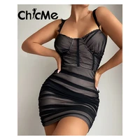 chicme women eyelash lace trim sheer mesh ruched bodycon dress spaghetti strap mini dresses for women one piece outfits elegant